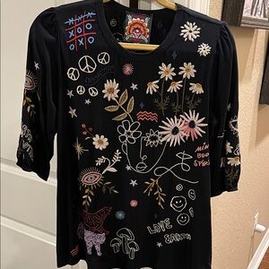 Johnny Was Embroidered Black Women's T-Shirt